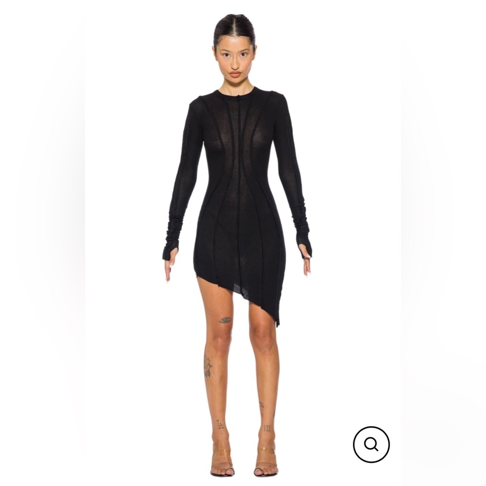 SAMI MIRO VINTAGE ASYMMETRIC LONG SLEEVE MINI DRESS IN BLACK RIB, S